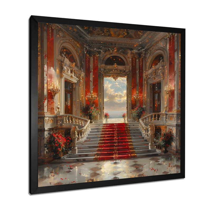 «Red Gold Elegant Entrance», reproduction d'art mural, Toile encadrée noire simple, H 16 po x l 16 po x P 1 po