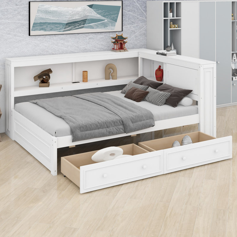 Daybed Featuring Shelves,  and Two Drawers, White