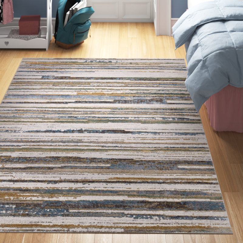 Tapis rayé bleu / crème fait à la main Ph Wilson, Rectangle 9 pi 10 po x 14 pi