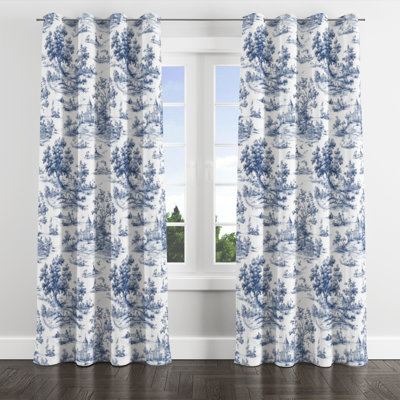 French Country Window curtains - Blue Classic Toile Velvet Grommet Curtain - 1 Panel