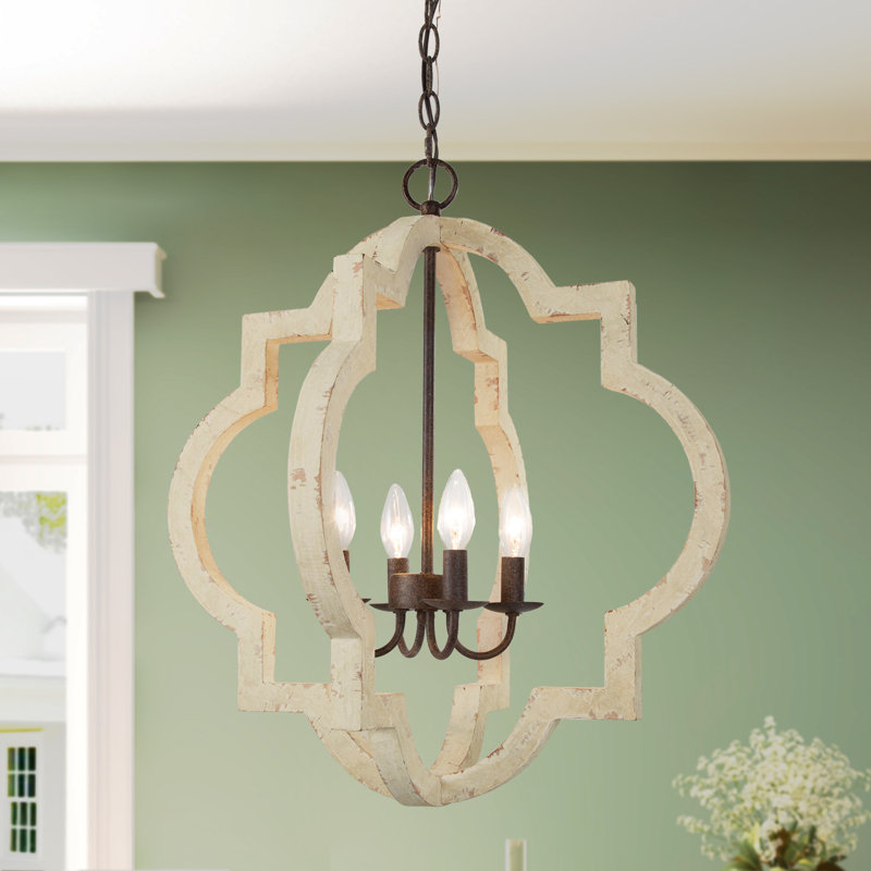 Lustre géométrique à 4 lumières de style bougie avec détails en bois Aziz, H 25 po x l 22 po x P 22 po, Bronze