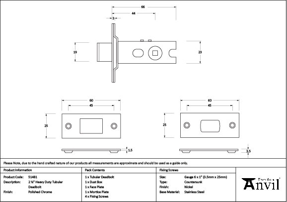 Aged Brass 2½" Heavy Duty Tubular Deadbolt, Polished Chrome
