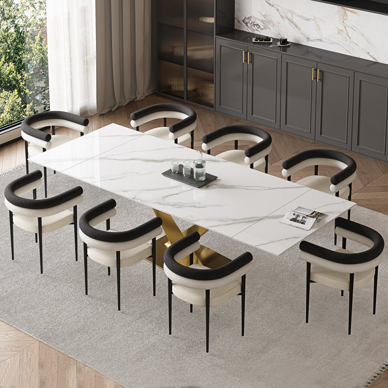 9 - Pieces Dining Table Set With 94.5'' Extendable Sintered Stone Top And Upholstered Armchair, Snowy Mountain White, Gold