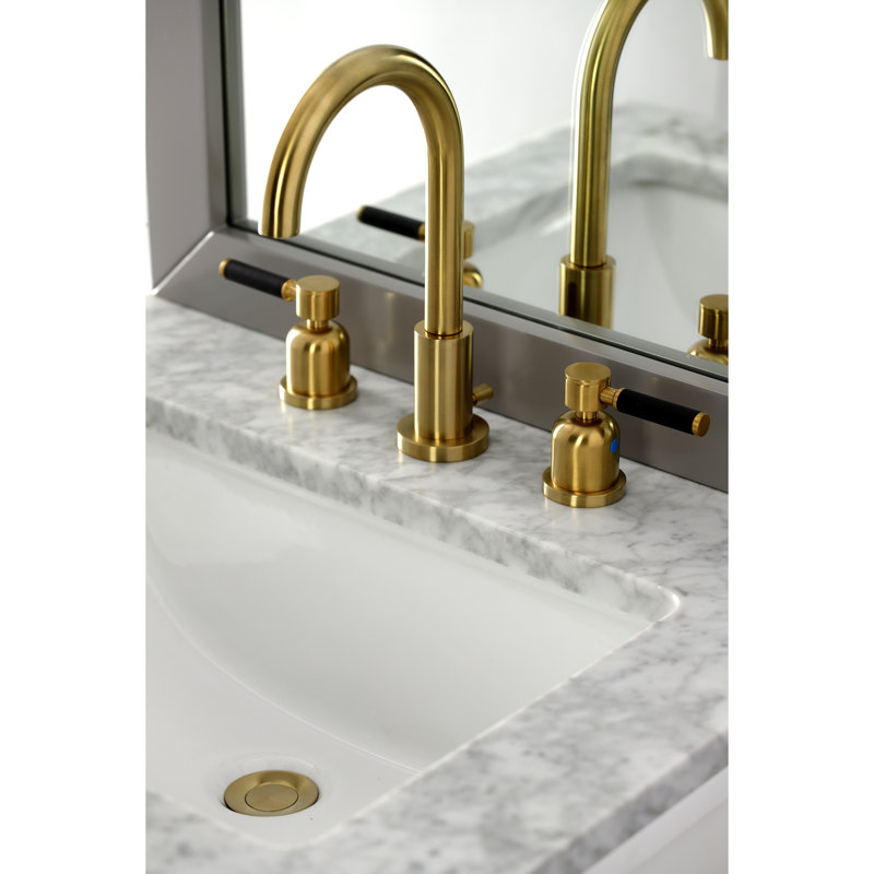 Kingston Brass Kaiser Two-Handle 3-Hole Deck Mount Widespread Bathroom Faucet with Brass Pop-Up Drain, Satin Brass
