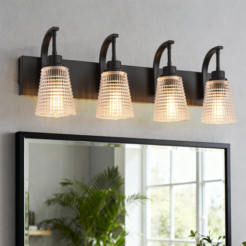 4-Light Bathroom Light Fixtures, 20" Farmhouse Black Vanity Lights For Bathroom With Ribbed Glass Shade,Vintage Bathroom Vanity Lighting Fixtures Over Mirror For Bedroom Living Room Hallway