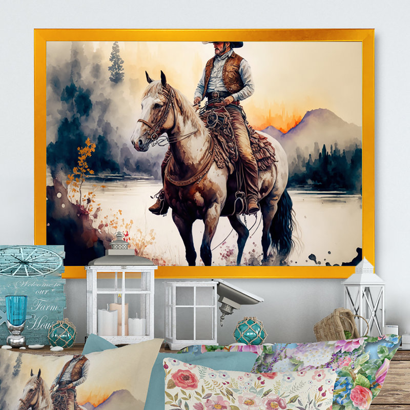 Western Cowboy Riding a Horse II - peinture sur toile, H 30 po x l 40 po x P 1,5 po, Impression dorée sur toile encadrée