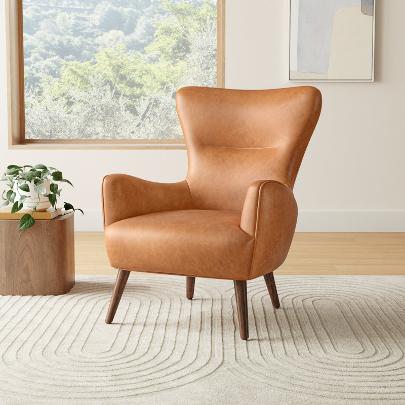 Apollo Genuine Leather Wingback Lounge Chair, Cognac Tan Genuine Leather