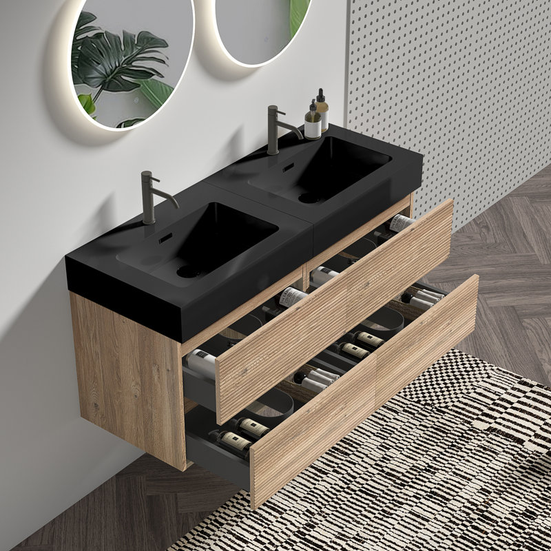Meuble-lavabo 48 po Grace avec lavabo en quartz d'ingénierie en chêne et tiroirs noirs doux, Chêne, 48"