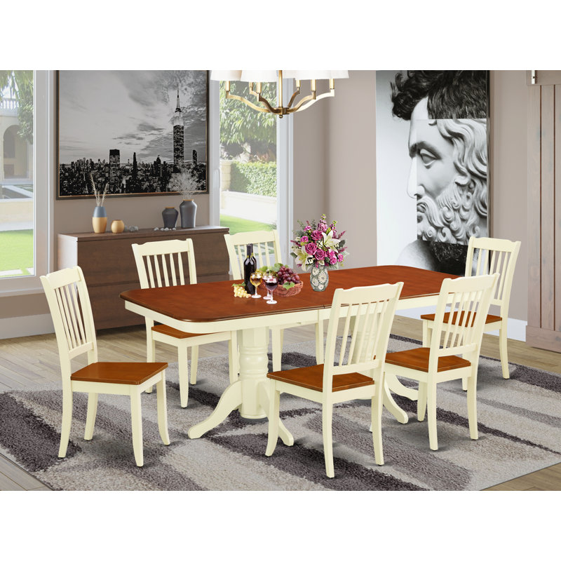 Ensemble de table de salle à manger 7 pièces moderne composé d'une table rectangulaire en bois avec feuille papillon et 6 chaises de salle à manger, babeurre et cerise