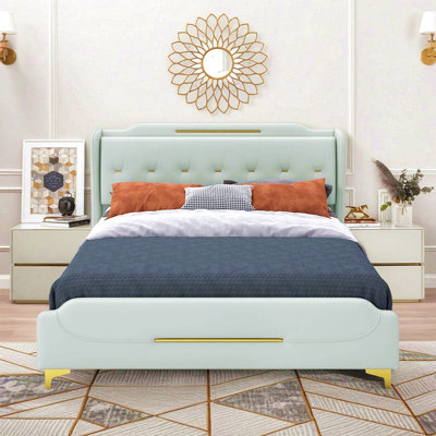 Modern Upholstered Bed Frame, Queen Size Platform Bed With Wingback Headboard, PU Leather Upholstery, No Box Spring Needed, Noise Free, Easy Assembly, Heavy Duty Bed Frame For Bedroom,Grey