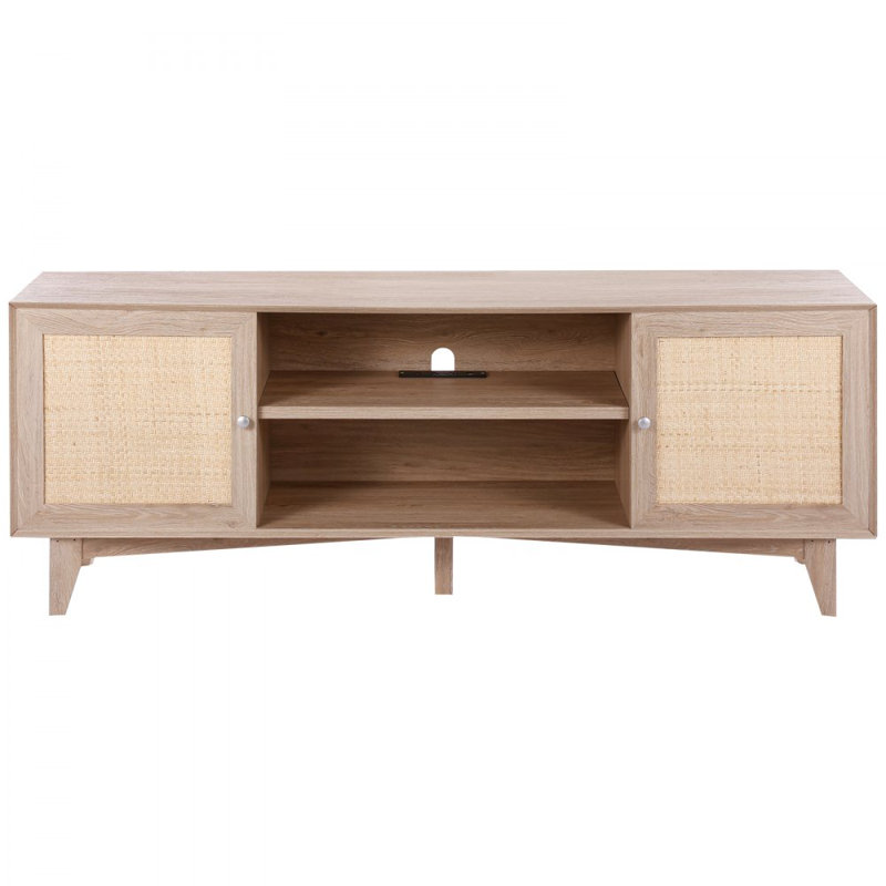 Rattan TV Stand, Mid Century Modern TV Stand for 75 inch TV, Boho Rattan TV Cabinet with Build-in Socket and USB Ports, Adjustable Shelfs for Living Room, Media Room, Oak