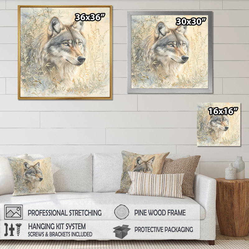 Reproduction d'art loup rétro au clair de lune, Impression dans un cadre flottant sans passe-parto, H 30 po x l 30 po, Doré