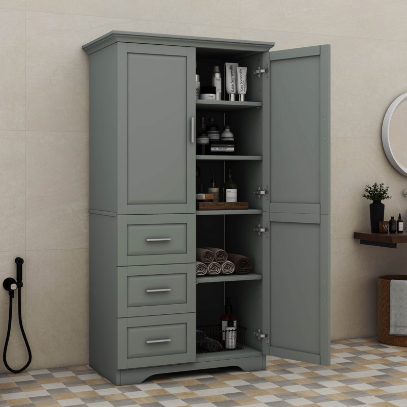 Tall And Spacious Storage Cabinet Including Drawers And Doors, Gray