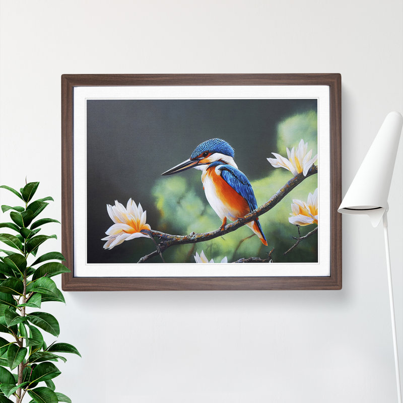 Electrifying Kingfisher Bird - Single Picture Frame Print, 46cm H x 64cm W x 2cm D, Walnut