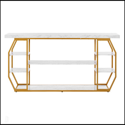Console à 3 niveaux en marbre au design géométrique doré moderne, parfaite pour un rangement élégant et fonctionnel dans les vestibules et les salons.