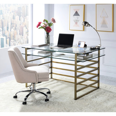 Contemporary Style Rectangular Writing Desk Featuring Clear Glass, Antique Gold Metal Base, One Storage Area With Glass Top And Shelf, Finish Compartment