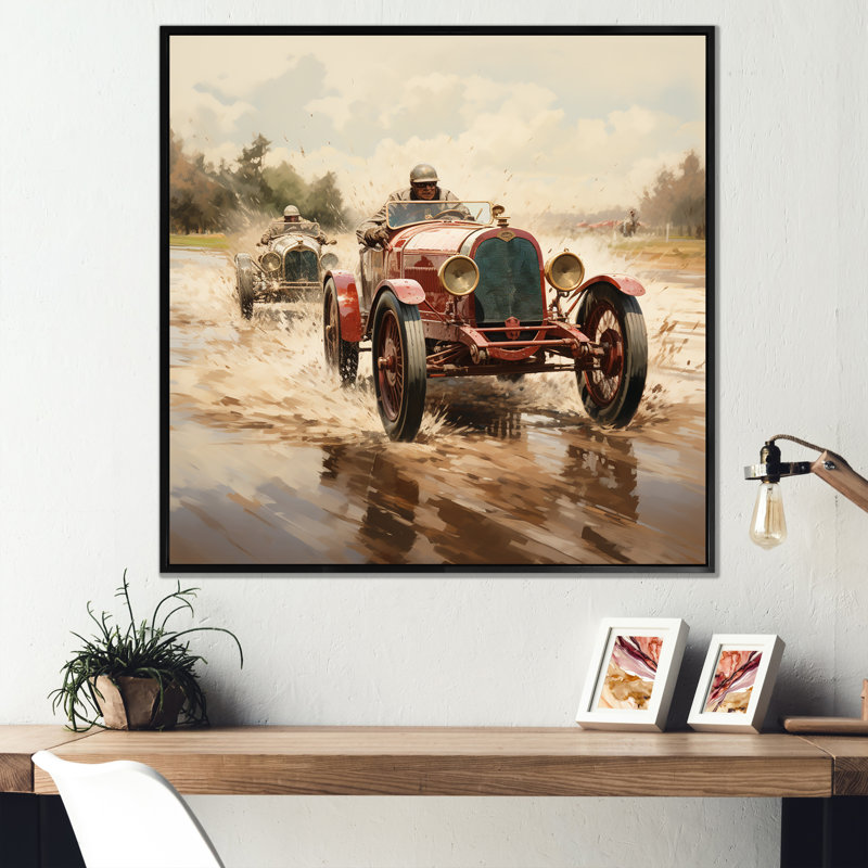 «Red Car 1930 Race Car Tracks I», art mural rouge, Cadre flottant noir, H 16 po x l 16 po