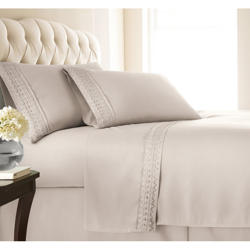 Jaquil Extra Deep Pocket Microfiber Sheet Set with Lace Hem, King, Bone