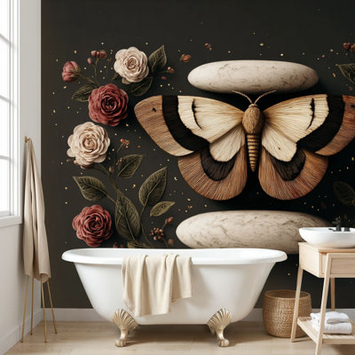 Papier peint adhésif peler et coller Vintage Papillon floral Formes géométriques Disposition symétrique Motifs abstraits Composition équilibrée Lignes stylisées Papier autocollant amovible minimaliste pour le salon Chambre à coucher H 100 po x l 144 po