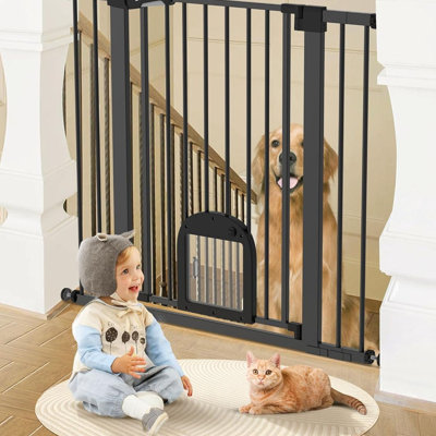 36"" Tall Upgraded Baby Gate with Cat Door, 29-43"" Auto Close Durable Dog Gate for Stairs, Doorways and House, Easy Walk Thru Safety Gate with Pet Door -  PIROLIS, KY-BPYB2G-A
