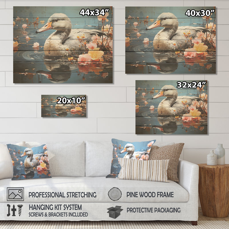 «Grey Duck» Floral Swims I - animal canard sur bois, H 24 po x l 32 po x P 0,78 po