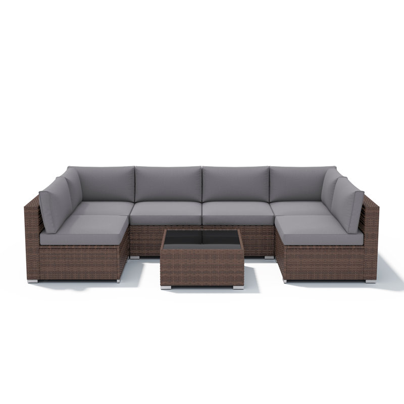 Ensemble de conversation modulaire en rotin 7 pièces avec coussins Algarin, Coussin gris foncé / structure brune
