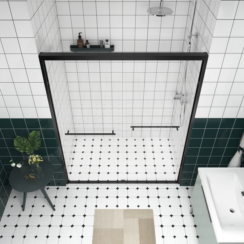 56 - 60"x74" Double Sliding Shower Door With Black Hardware, Chamfer Edged Glass, Rust Handle, Reversible Installation For Bathroom Safe Design