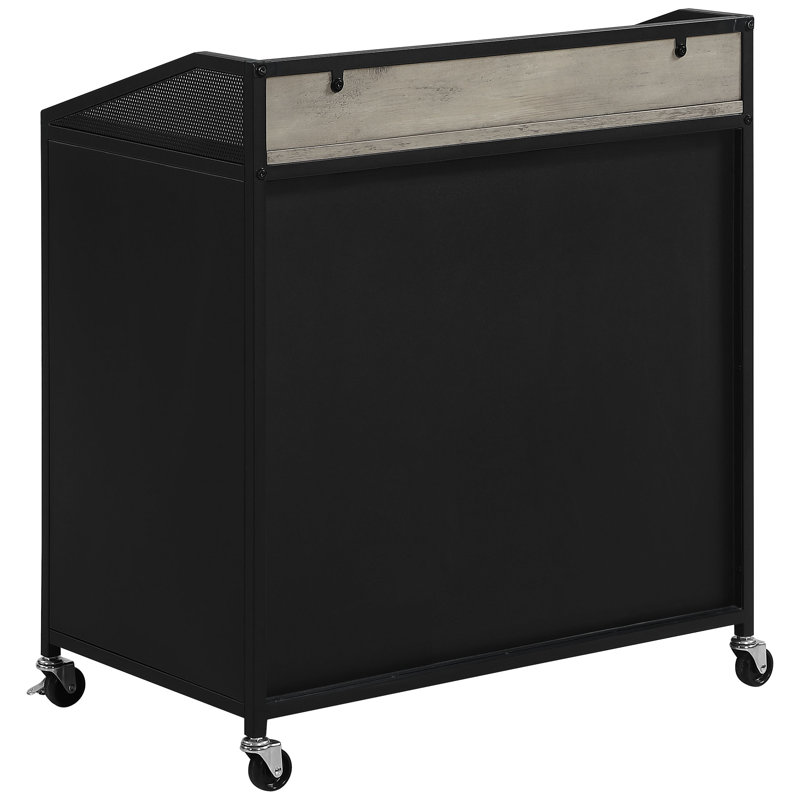 Armoire à vin Mobile Home Bar 2 portes avec finition noire sablée et mobilité rustique avec plateau délavé gris, roues lisses