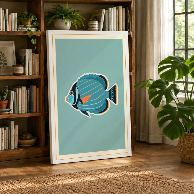 Striped Tropical Fish Mid-Century 1 Piece Wrapped Canvas Wall Art, 24x16 - 61.0 x 40.6 cm, Terracotta Border