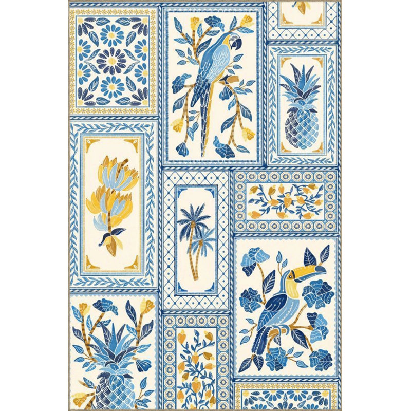 Blue Yellow Themed Flower Palm Parrot And Toucan Bird Figures Patterned Modern Decorative Carpet, Round 5'