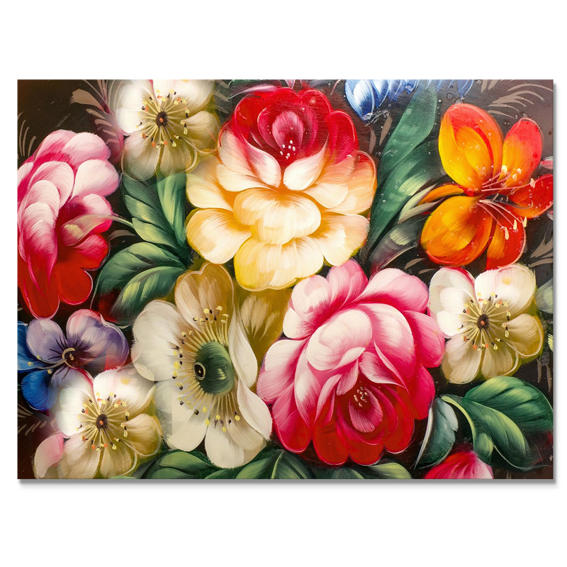 «Vintage Vibrant Red & Yellow Flower Still Life», reproduction sur toile flottante, H 8 po x l 12 po x P 1 po, Toile tendue