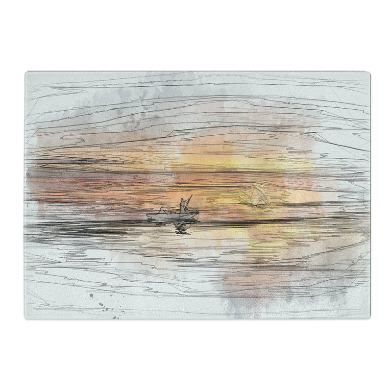 Tempered Glass a Boat at Sunset Sketch Chopping Board, 20 cm x 28.5 cm