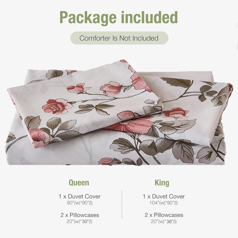 Ensemble de housse de couette 100% coton grand format - Literie botanique rose et légère respirante 3 pièces