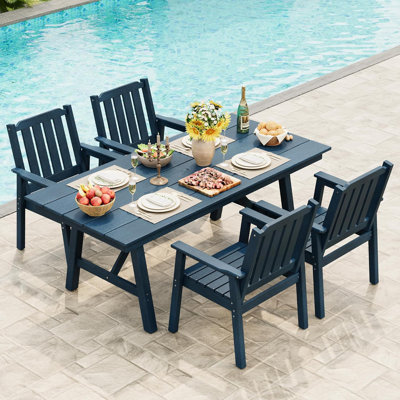 Ensemble de table de salle à manger d'extérieur 5 pièces avec trou pour parasol, ensemble de table de salle à manger en PEHD avec cadre en aluminium, ensemble de mobilier de jardin toutes saisons pour jardin, bord de piscine, cour arrière, terrasse