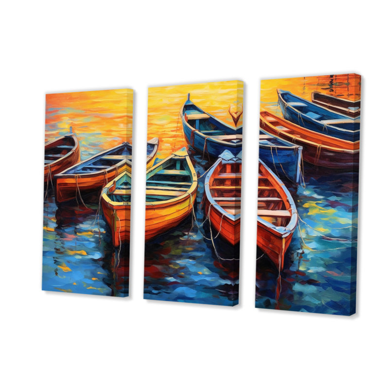 «Bateaux dans le port I», reproduction sur toile tendue de 3 pièces, H 32 po x l 48 po x P 1 po