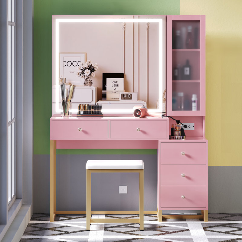 Mercer41 Pink Vanity Desk With Mirror And Lights, Makeup Vanity Table With  Power Outlet & 5 Drawers, Dressing Table With Storage Cabinet, Vanity Set  With Cushioned Stool, Sliding Mirror, Brightness Adjustable | Wayfair