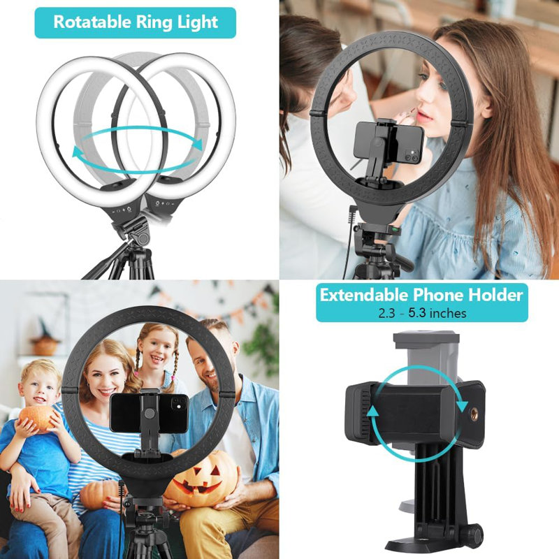Anneau lumineux 14 po à DEL avec trépied réglable de 50 po, panneau de commande tactile avec 5 modes de couleur et 10 niveaux de luminosité, support de téléphone pour la diffusion en direct, yogo, tiktok, compatible avec tous les téléphones intell