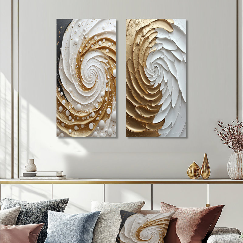 «White and Gold Rose Love Spiral I», ensemble de 2 pièces d'art abstrait spirales murales, Toile tendue, H 28 po x l 24 po