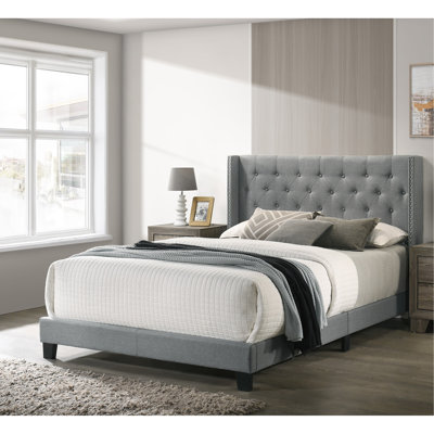 1pièce pour lit simple à oreilles, tissu gris en polyester, capitonnage à boutons, garniture cloutée, style campagne française