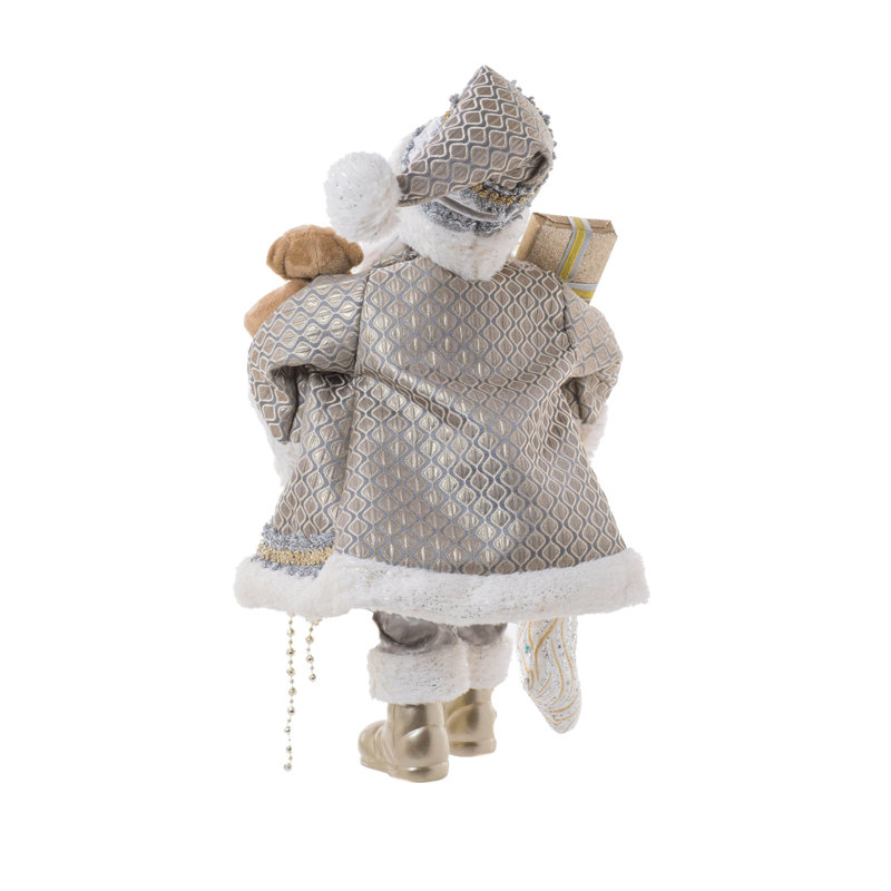 Père Noël debout en tissu champagne / blanc éblouissant tenant des perles