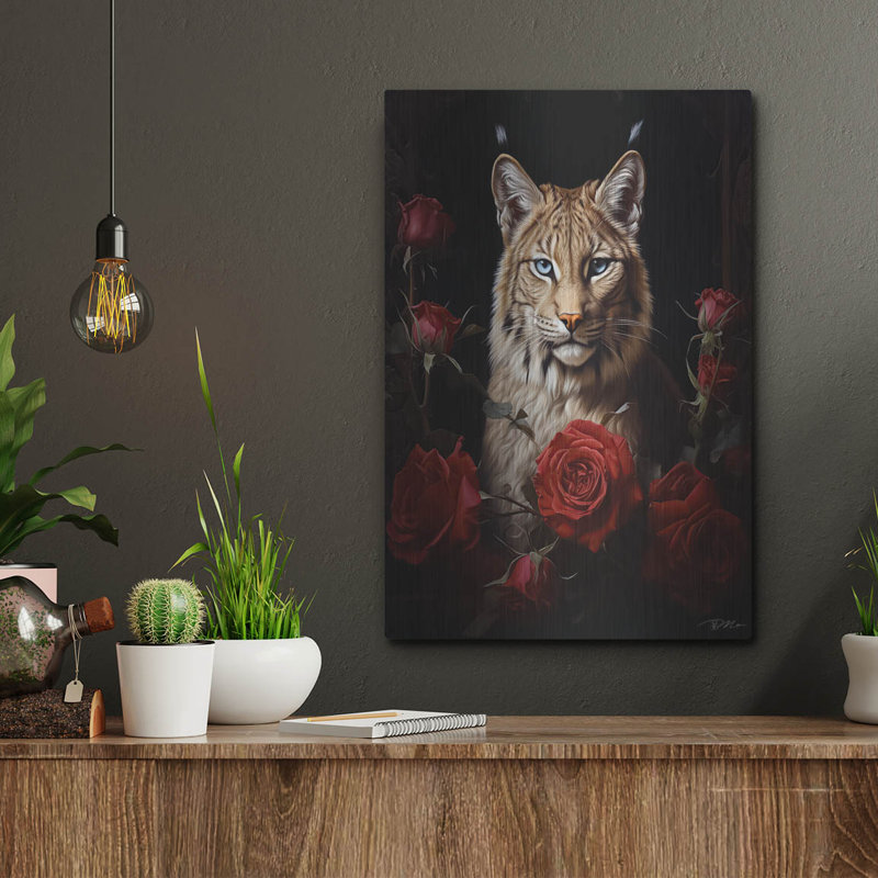 Art mural en métal 24 po x 36 po Winston Porter «Lynx Parmi Les Roses» par Momart, H 16 po x l 12 po