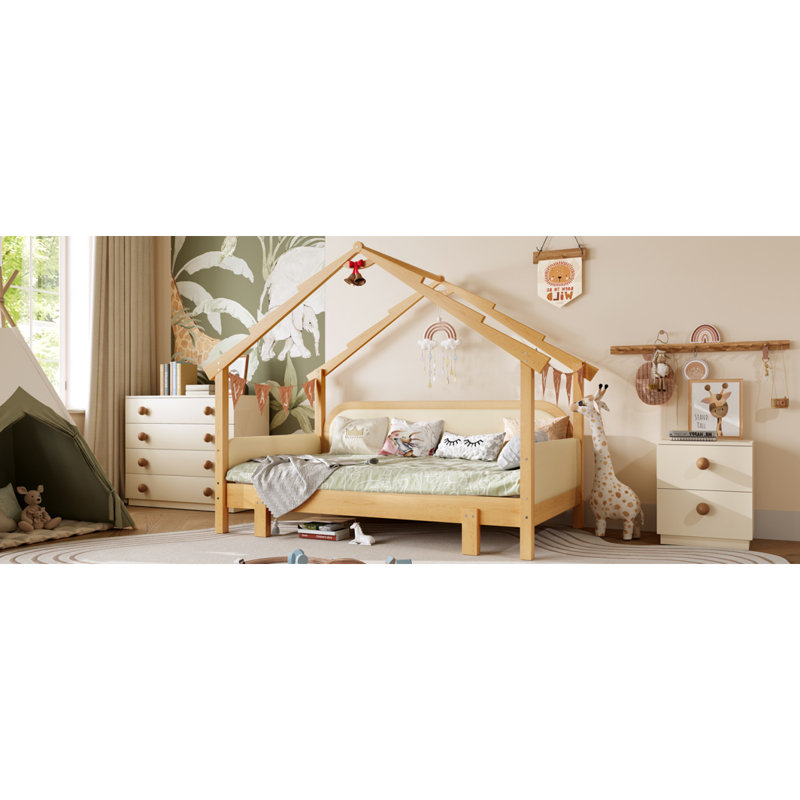 Lit simple en bois dans une cabane dans un arbre avec rails à coussin souple, pour enfants, adolescents, filles, garçons, blanc