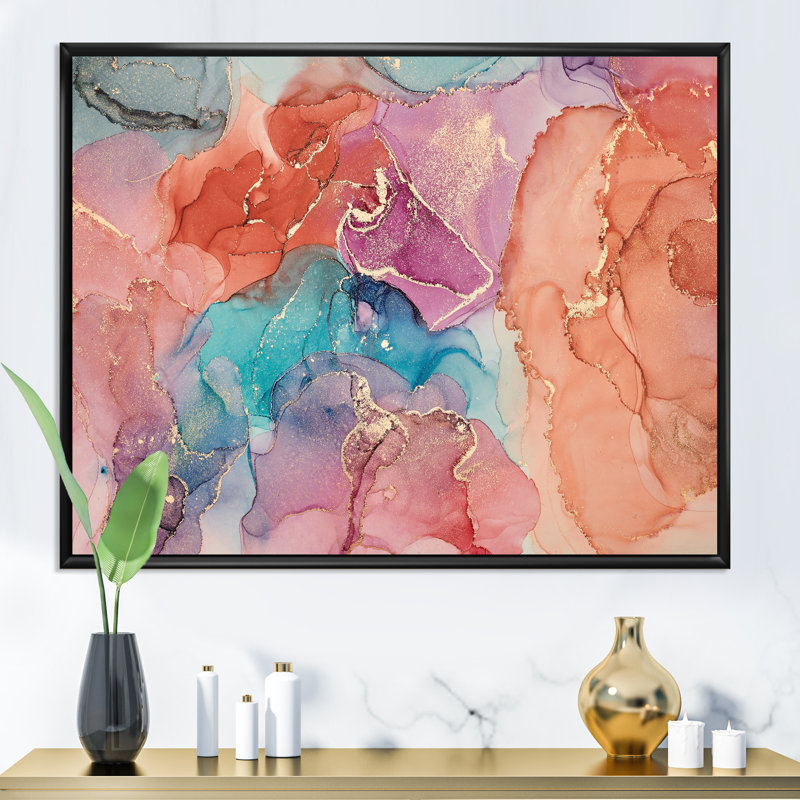 Bleu et brun, luxe abstrait, fluide, peinture à l'huile - Peinture sur toile, H 34 po x l 44 po, Cadre flottant noir