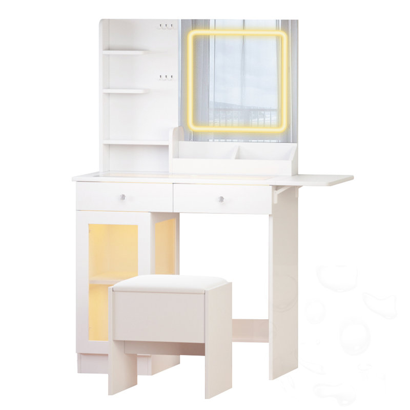 LED Storaged Vanity Desk With Chair And USB Power Strip