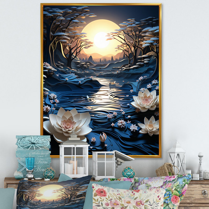 " Winters Reflection Papercut III ", 44" H x 34" W x 1.5" D, Gold Floater Framed