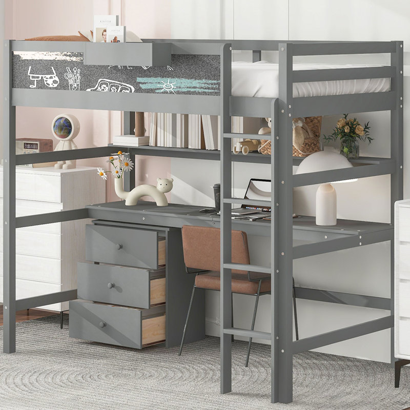 Lit mezzanine en bois avec bureau, tableau noir, boîte de rangement, tablette et 3 tiroirs, gris
