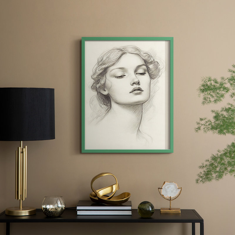 Croquis rétro V, reproduction encadrée - bois massif, H 15 po x l 12 po, Vert