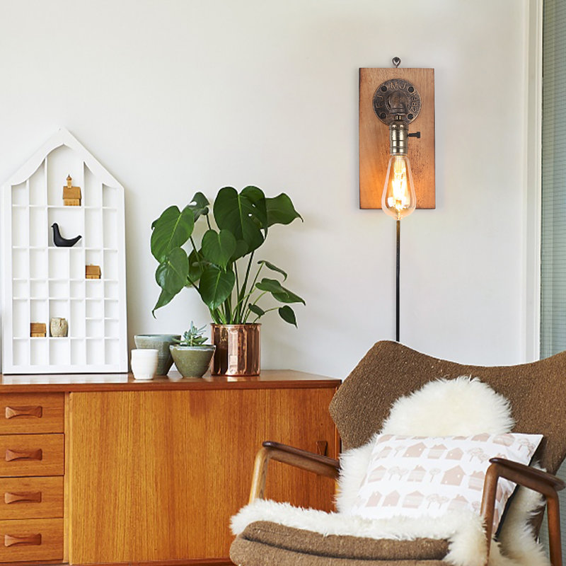 Anastatia Antique Farmhouse Adjustable Plug In Cord Wall Lamp With Retro Rustic Wooden Plate