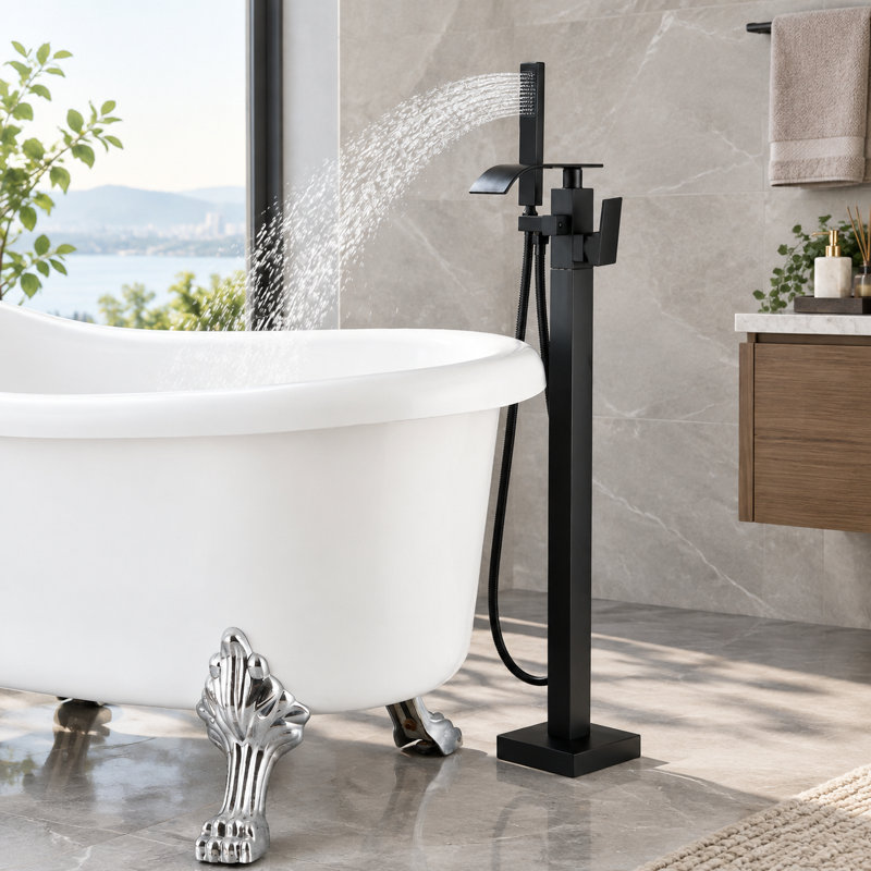 Robinet de baignoire noir mat, robinet de baignoire autoportant fixé au sol avec douchette cascade et douchette, mélangeur à poignée simple