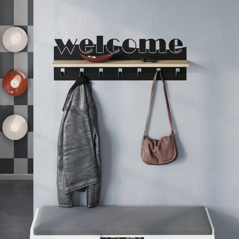 Natalino Metal Wall Organizer with Key Hooks, Black/Natural/White